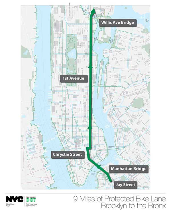 Map showing 9 Miles of Protected Bike Lane from Brooklyn to the Bronx