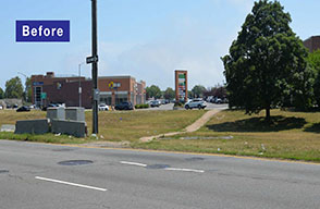 A before image of a wide grassy area in between roadways, with a dirt path where pedestrians have walked.