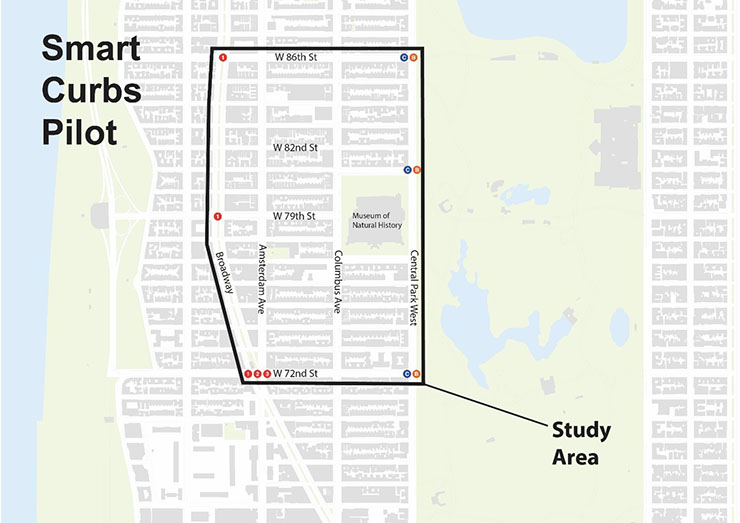 Map of Smart Curbs pilot area on Manhattan’s Upper West Side