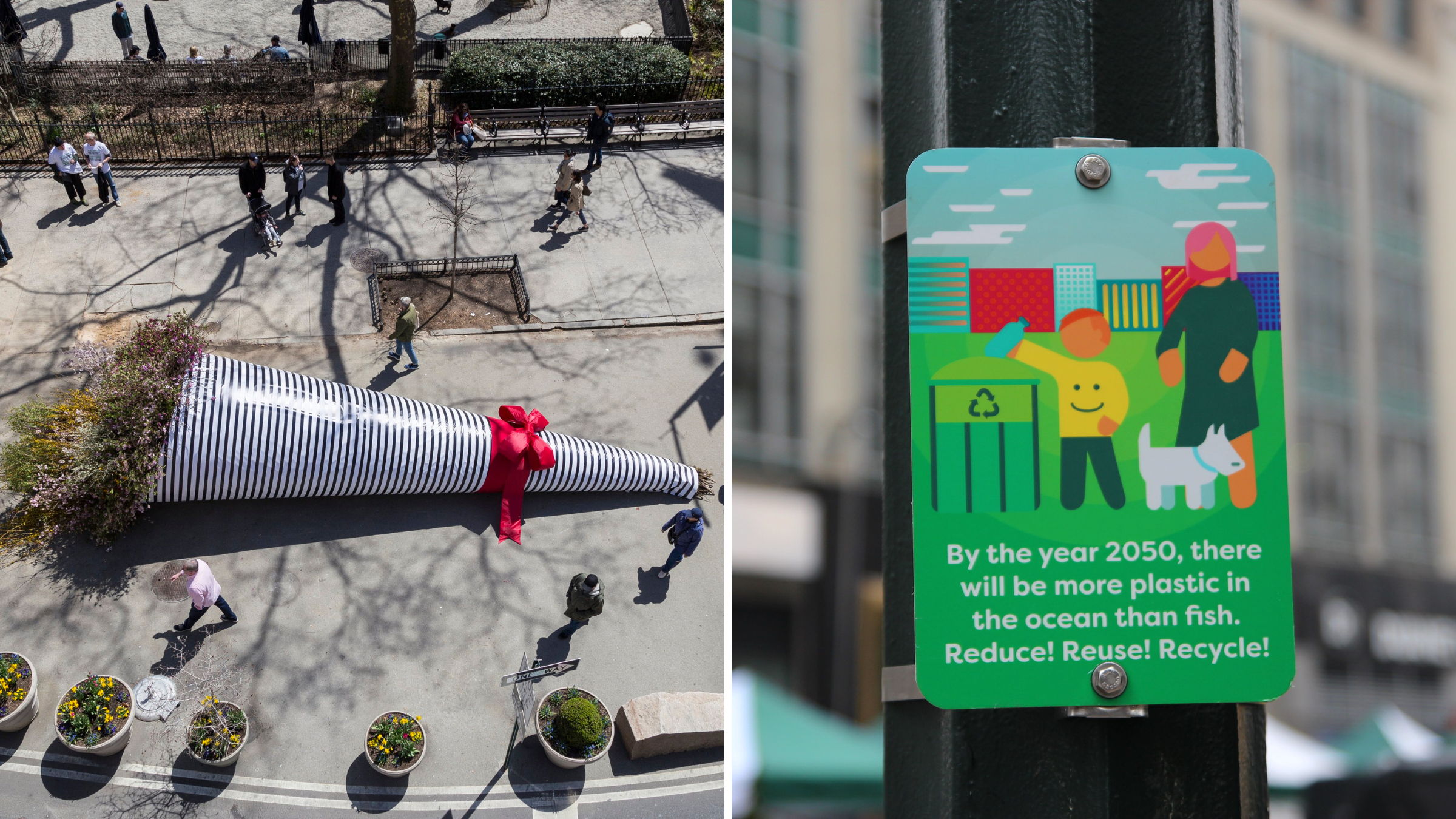 A huge bouquet of flowers is setup in a pedestrian plaza during an earth day event;a colorful illustration with reduce, reuse and recycle information is displayed on a small sign on a streetlight pole in N Y C.