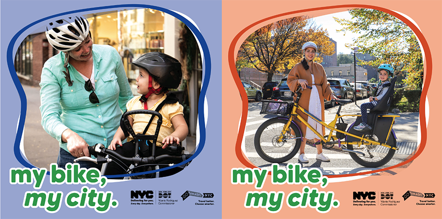 Two photos of women wearing bike helmets with children on the back of their bicycles. Text overlay reads my bike my city and New York City agency logos.