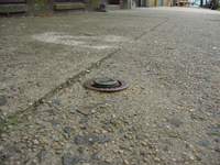 A utility cover protrudes from a sidewalk’s surface creating a hardware trip hazard.