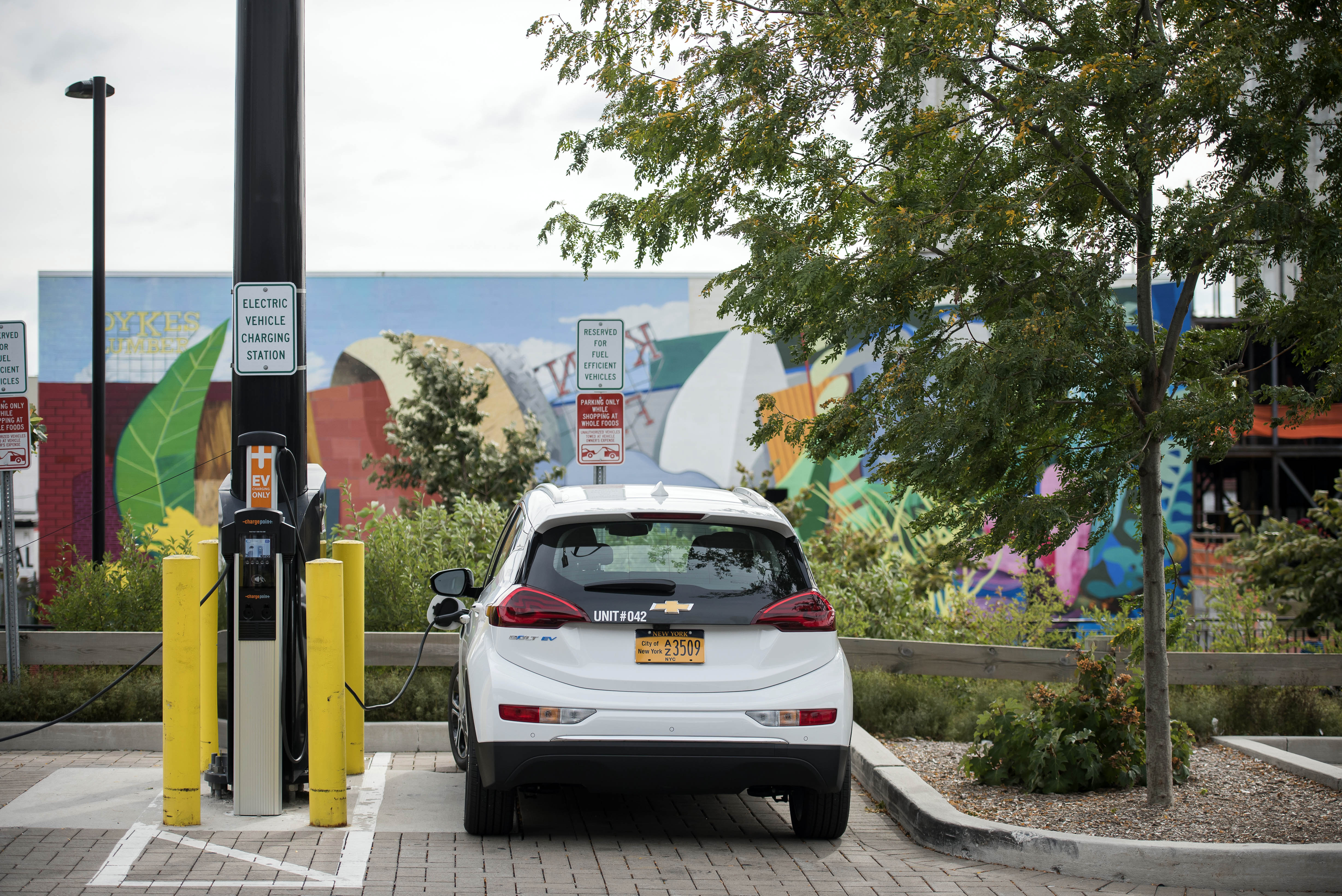 Mayor Bill de Blasio plugs in a car to an electric charging station